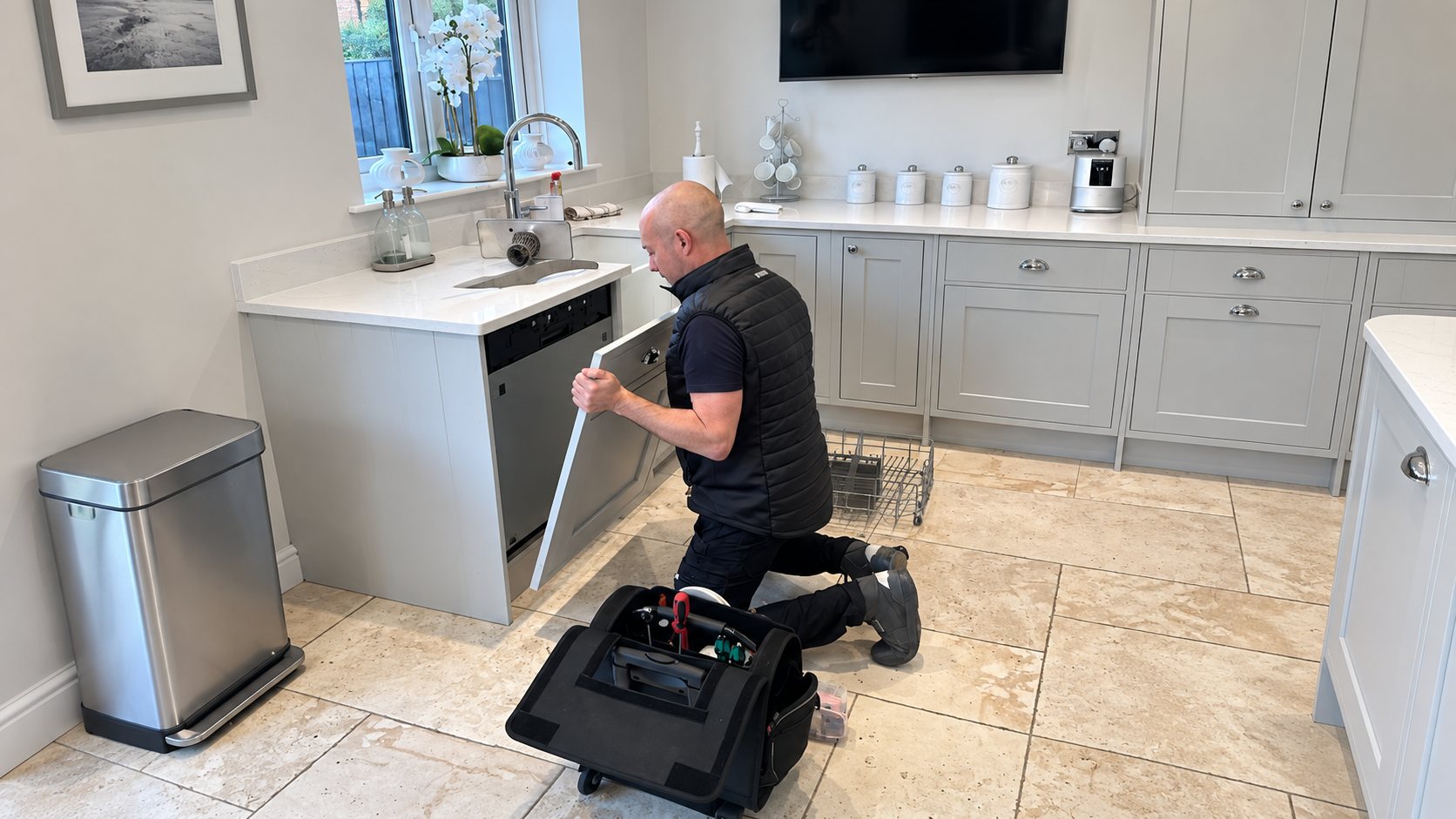Spin Doctor engineer repairing an integrated dishwasher