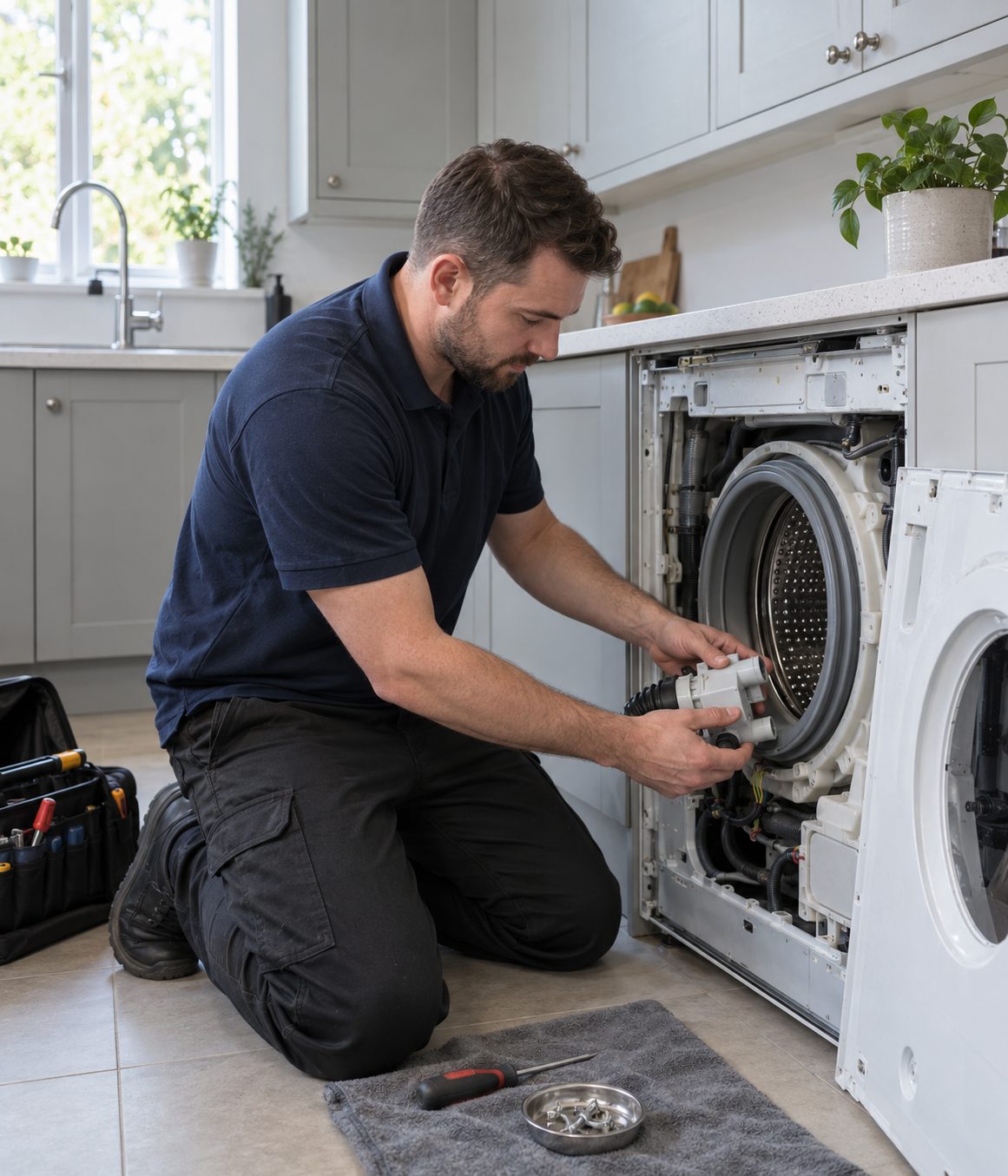 Spin Doctor engineer fitting a new pump to a washing machine